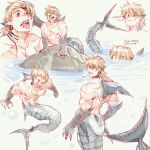  1boy abs addy_(@vegeebs) blush boku_no_hero_academia collage completely_nude earrings fangs fins fish_boy highres jewelry male_focus medium_hair messy_hair monster_boy monsterification multiple_views muscular muscular_male nipples nude one_eye_closed pectorals pointy_ears protected_link rock scar scar_on_arm scar_on_chest scar_on_stomach shark_boy shark_fin sharp_teeth smile stomach swimming teeth togata_mirio tongue tongue_out wet 