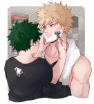  2boys bakugou_katsuki black_shirt black_tank_top blonde_hair boku_no_hero_academia collarbone cropped_torso freckles from_behind green_hair indoors looking_at_another male_focus messy_hair midoriya_izuku multiple_boys muscular muscular_male red_eyes rin_(rinriemie) shaving shaving_cream shirt short_sleeves spiked_hair t-shirt tank_top towel upper_body 