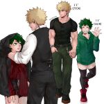  1boy 1girl bakugou_katsuki bangs black_gloves black_pants black_shirt black_shorts black_vest blonde_hair boku_no_hero_academia collarbone earphones earrings freckles genderswap genderswap_(mtf) gloves green_eyes green_hair green_hoodie green_pants grey_background grin height_difference highres holding_hands hood hoodie jacket jewelry long_sleeves looking_at_another mask midoriya_izuku mouth_mask multiple_views muscular muscular_male nail_polish open_clothes open_jacket pants red_footwear red_nails red_shirt rin_(rinriemie) shirt shirt_half_tucked_in shirt_tucked_in shoes shorts skindentation smile striped striped_shirt teeth thighhighs twitter_username vest white_shirt 