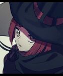  1girl absurdres black_headwear black_ribbon blush brown_eyes commentary_request danganronpa_(series) danganronpa_v3:_killing_harmony from_side grey_background hair_ornament hat highres letterboxed looking_at_viewer nyu_(bbpp08) open_mouth portrait red_hair ribbon short_hair simple_background solo witch_hat yumeno_himiko 