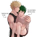  2boys ass bakugou_katsuki bangs bare_legs black_pants black_shorts black_tank_top blonde_hair boku_no_hero_academia brown_sweater carrying collarbone earrings english_text freckles green_eyes green_hair highres jewelry knees_up male_focus midoriya_izuku multiple_boys pants parted_lips princess_carry rin_(rinriemie) shorts simple_background spiked_hair sweater tank_top teeth twitter_username white_background yaoi 