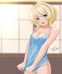  1girl :d ame-san blonde_hair blue_eyes blue_shirt blurry blurry_background blush breasts cleavage collarbone colorado_(kancolle) commentary_request dated eyebrows_visible_through_hair highres kantai_collection large_breasts looking_at_viewer no_pants open_mouth panties shirt short_hair sleeveless sleeveless_shirt smile solo spaghetti_strap twitter_username underwear white_panties window 