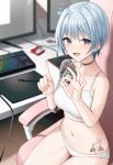  1girl absurdres ashtray bangs blue_hair chair choker cigarette_pack crop_top desk drawing_tablet flower hands_up highres jewelry keyboard_(computer) looking_at_viewer midriff monitor mouse_(computer) mousepad_(object) navel open_mouth original panties ring rose shengtian shirt short_hair sitting smile solo stomach stylus tattoo toilet_paper underwear white_panties white_shirt 