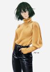  1girl artist_name black_pants dark_green_hair green_eyes hand_in_pocket highres koihorkka leather leather_pants long_sleeves one-punch_man open_mouth pants ribbed_sweater short_hair simple_background solo standing sweater turtleneck turtleneck_sweater white_background yellow_sweater 