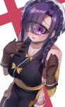  1girl absurdres bare_shoulders blush breasts brown_gloves cyclops gloves head_scarf highres large_breasts meme_redon mntimccz monster_girl monster_musume_no_oisha-san one-eyed open_mouth purple_eyes purple_hair sideless_outfit solo tears 