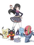  1girl accelgor ahoge black_hair black_skirt blazer blue_jacket bow bowtie breasts brown_footwear brown_vest closed_mouth collared_shirt commentary crossover eyebrows_visible_through_hair floating_hair full_body gen_2_pokemon gen_5_pokemon gen_7_pokemon hair_ornament hairclip hand_on_hip holding holding_poke_ball jacket litten litwick loafers long_hair long_sleeves looking_at_viewer mimikyu miniskirt nijisanji outstretched_arm panasonynet parody pink_bow pink_neckwear plaid plaid_skirt pleated_skirt poke_ball poke_ball_(basic) pokemon pokemon_(game) pokemon_sm purple_eyes school_uniform shadow shirt shoes simple_background skirt small_breasts smile standing straight_hair style_parody thighhighs translated tsukino_mito vest virtual_youtuber when_you_see_it white_background white_legwear white_shirt wooper 