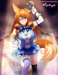  absurdres animal_ears bell blue_eyes brown_hair eyebrows_visible_through_hair fox_ears fox_girl fox_tail gloves hat highres long_hair looking_at_viewer neck_bell one_eye_closed original ribbon skirt spotlight tail thighhighs top_hat vilde_loh_hocen 