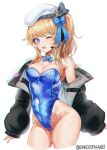  1girl alternate_costume bare_shoulders beret blonde_hair blue_eyes blue_leotard blue_neckwear bow bowtie breasts chromatic_aberration cleavage coat covered_navel dano detached_collar girls&#039;_frontline girls&#039;_frontline_2:_exilium groin hat headset heart highleg highleg_leotard leotard long_hair looking_at_viewer medium_breasts off_shoulder one_eye_closed one_side_up open_mouth playboy_bunny sidelocks smile solo twitter_username vepley_(girls&#039;_frontline_2) white_background white_headwear 