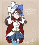 1girl absurdres blush brown_hair cape cosplay english_text happy_birthday hat highres kagari_atsuko little_witch_academia long_hair pale_skin pumpkinspice7500 red_eyes shiny_chariot shiny_chariot_(cosplay) skirt smile trigger_(company) witch witch_hat 