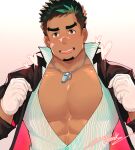  1boy abs bara black_hair blush dark-skinned_male dark_skin facial_hair goatee green_hair jacket kyoichi_(live_a_hero) large_pectorals live_a_hero looking_at_viewer male_cleavage male_focus mature_male multicolored_hair muscular muscular_male official_alternate_costume open_clothes open_jacket open_shirt pectorals reward_available shirt short_hair smile solo streaked_hair striped striped_shirt undressing upper_body whistle whistle_around_neck yuufreak 