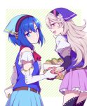  2girls blue_eyes blue_hair catria_(fire_emblem) corrin_(fire_emblem) corrin_(fire_emblem)_(female) elbow_gloves fingerless_gloves fire_emblem fire_emblem:_mystery_of_the_emblem fire_emblem:_new_mystery_of_the_emblem fire_emblem:_shadow_dragon fire_emblem:_shadow_dragon_and_the_blade_of_light fire_emblem_fates fire_emblem_heroes food gloves handkerchief head_scarf hiyori_(rindou66) holding holding_food long_hair looking_at_viewer multiple_girls pointy_ears red_eyes sandwich short_hair skirt smile white_hair 