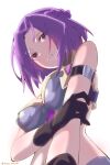  1girl black_swimsuit blush breasts eyebrows_visible_through_hair highres jun_(princess_connect!) large_breasts looking_at_viewer princess_connect! purple_eyes purple_hair seryu_oekaki short_hair swimsuit 