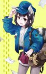  2girls alternate_costume animal_ears bag bag_charm blue_headwear blue_jacket cellphone charm_(object) common_raccoon_(kemono_friends) cowboy_shot extra_ears eyebrows_visible_through_hair fennec_(kemono_friends) grey_hair grey_legwear hand_on_headwear highres jacket japari_symbol kemono_friends long_sleeves looking_at_viewer messenger_bag multicolored_hair multiple_girls nanana_(nanana_iz) pantyhose phone phone_screen raccoon_ears raccoon_girl raccoon_tail red_shorts shirt short_hair shorts shoulder_bag smartphone tail white_hair white_shirt yellow_eyes 