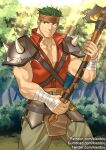  1boy axe bandaged_hands bandages bara boyd_(fire_emblem) chest_harness feet_out_of_frame fire_emblem fire_emblem_heroes forest green_hair gumroad_username harness headband holding holding_axe kienbiu male_cleavage male_focus muscular muscular_male nature outdoors partially_unbuttoned patreon_username pectorals pelvic_curtain red_shirt reward_available shirt short_hair shoulder_spikes sideburns sleeveless sleeveless_shirt solo spikes standing sunlight twitter_username 
