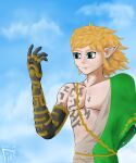  1boy artist_name bare_pectorals blonde_hair blue_eyes blue_sky cloud cloudy_sky earrings highres jewelry link long_hair messy_hair pectorals pointy_ears richart rope_belt self_upload single_bare_shoulder sky tattoo the_legend_of_zelda the_legend_of_zelda:_breath_of_the_wild the_legend_of_zelda:_breath_of_the_wild_2 torn_clothes 