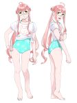  1girl absurdres animal_print ass bare_arms bare_legs bare_shoulders bunny_print commentary_request double_bun eyebrows_visible_through_hair full_body glasses hand_on_hip highres kantai_collection long_hair looking_at_viewer makigumo_(kancolle) ojipon pink_hair shirt short_sleeves simple_background solo twintails white_background white_shirt yellow_eyes 