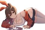  1girl absurdres amber_(genshin_impact) bare_shoulders black_shorts breasts brown_hair cleavage collarbone crop_top dolphin_shorts feet_out_of_frame genshin_impact hair_ribbon highres large_breasts long_hair long_sleeves looking_at_viewer micro_shorts midriff navel off_shoulder open_mouth orange_eyes ponytail ribbon shirt shorts shrug_(clothing) simple_background sleeveless sleeveless_shirt solo stomach thighhighs white_background white_legwear white_shirt z_loader 