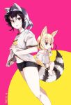  2girls alternate_costume animal_ears barefoot black_shirt blonde_hair casual child commentary_request common_raccoon_(kemono_friends) extra_ears eyebrows_visible_through_hair fennec_(kemono_friends) food fox_ears fox_girl fox_tail grey_hair highres kemono_friends midriff_peek multicolored_hair multiple_girls nanana_(nanana_iz) navel oversized_clothes popsicle raccoon_ears raccoon_girl raccoon_tail shirt short_hair short_shorts short_sleeves shorts t-shirt tail white_hair white_shirt younger 