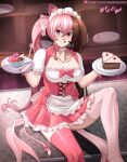  absurdres animal_ears apron breasts brown_eyes brown_hair cat_ears cat_tail cleavage dessert eyebrows_visible_through_hair food heterochromia highres looking_at_viewer maid maid_headdress neo_politan pink_hair purple_eyes ribbon rwby tail thighs twintails vilde_loh_hocen 