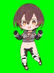  1girl :d belt blade_(galaxist) brown_belt brown_eyes brown_hair chest_belt chibi cropped_sweater full_body green_background hands_up highres hololive looking_at_viewer open_mouth paw_boots revealing_clothes roboco-san smile solo 