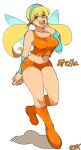 1girl blonde_hair boots breasts character_name eyebrows_visible_through_hair fairy_wings full_body hand_up highres long_hair medium_breasts orange_footwear orange_shorts shadow shorts signature simple_background solo standing stella_(winx_club) twintails vanillakittenn white_background wings winx_club yellow_eyes 