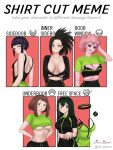  6+girls arm_up ashido_mina asui_tsuyu black_eyes black_hair black_sclera black_sports_bra boku_no_hero_academia breasts breasts_apart brown_eyes brown_hair cleavage colored_sclera colored_skin dismaiden green_shirt hagakure_tooru highres horns invisible jirou_kyouka large_breasts long_hair looking_at_viewer medium_breasts medium_hair midriff multiple_girls navel pink_hair pink_skin ponytail red_background shirt shirt_cut_meme short_hair short_sleeves sideboob signature sleeveless sleeveless_shirt small_breasts sports_bra underboob upper_body uraraka_ochako yaoyorozu_momo yellow_eyes 