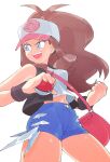  1girl :d bag bare_shoulders baseball_cap black_vest blue_eyes blue_shorts brown_hair clenched_hand hat high_ponytail highres hilda_(pokemon) holding holding_poke_ball inkerton-kun looking_to_the_side open_mouth poke_ball poke_ball_(basic) pokemon pokemon_(game) pokemon_bw shirt shorts shoulder_bag simple_background smile solo v-shaped_eyebrows vest white_background white_shirt wristband 