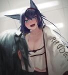  2girls animal_ears arknights bangs black_hair blaze_(arknights) blue_eyes blurry blurry_foreground blush breasts cat_ears chest_strap cleavage extra_ears full-face_blush grey_hair greythroat_(arknights) hairband highres jacket long_hair looking_at_viewer medium_breasts multiple_girls noccu open_clothes open_jacket open_mouth red_hairband short_hair tank_top white_tank_top yuri 