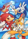  3boys :d animal_nose blue_eyes blue_sky floating fox_boy furry gloves green_eyes hedgehog_boy knuckles_the_echidna male_focus multiple_boys multiple_tails ocean open_mouth purin_(iddunpg) purple_eyes red_footwear sky smile snout sonic_(series) sonic_adventure_2 sonic_the_hedgehog tail tails_(sonic) two_tails w white_gloves 