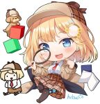  1girl :d ^_^ animal bangs big_head black_legwear blonde_hair blue_eyes blush book breasts brown_footwear brown_headwear brown_jacket brown_skirt bubba_(watson_amelia) chibi closed_eyes collared_shirt commentary cube dog english_commentary eyebrows_visible_through_hair full_body hair_ornament hitsukuya holding hololive hololive_english jacket loafers long_hair magnifying_glass medium_breasts monocle_hair_ornament multiple_views necktie open_book open_clothes open_jacket open_mouth plaid plaid_headwear plaid_skirt pleated_skirt red_neckwear shirt shoes short_necktie signature simple_background skirt smile thighhighs virtual_youtuber watson_amelia white_background white_shirt 