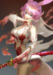  1girl absurdres animal_ears bangs bare_shoulders blood blood_on_face bloody_clothes bloody_hands bloody_weapon breasts bridal_veil cleavage closed_mouth dress fox_ears hair_between_eyes highres holding holding_sword holding_weapon honkai_(series) honkai_impact_3rd johnny-chan katana looking_at_viewer pink_hair purple_eyes sheath sheathed solo sword torn_clothes torn_dress veil weapon wedding_dress white_dress yae_sakura yae_sakura_(flame_sakitama) 