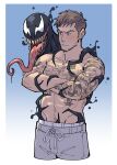  2boys arm_tattoo bara blush chest_tattoo cropped_legs crossed_arms eddie_brock facial_hair grey_pants highres kalamari long_sideburns long_tongue male_focus marvel mature_male monster_boy multiple_boys navel navel_hair pants pectorals sharp_teeth shirtless short_hair sideburns slime_boy stomach stubble tattoo teeth toned toned_male tongue venom_(marvel) yaoi 