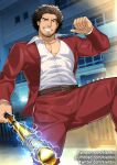  1boy abs afro ass_visible_through_thighs bara baseball_bat beard belt black_belt black_hair facial_hair gumroad_username holding holding_baseball_bat jacket jewelry kasuga_ichiban kienbiu large_pectorals looking_at_viewer male_cleavage male_focus mature_male muscular muscular_male navel necklace nipples pants partially_unbuttoned patreon_username pectorals penis pointing pointing_at_self red_jacket red_pants red_suit reward_available ryuu_ga_gotoku_7 shirt short_hair sideburns smirk solo stomach stubble thick_thighs thighs twitter_username white_shirt 