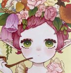  1girl blush flower green_eyes hair_flower hair_ornament highres leaf looking_at_viewer mush_machou mushroom original pink_flower pipe plant pointy_ears portrait purple_flower purple_hair short_hair smoke solo 