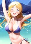  1girl :d ahoge ameyame armpits arms_up bangs bikini blonde_hair blue_eyes blue_sky blush breasts cleavage eyebrows_visible_through_hair hachimiya_meguru highres holding idolmaster idolmaster_shiny_colors large_breasts long_hair looking_at_viewer navel ocean open_mouth parted_bangs purple_bikini round_teeth side-tie_bikini sky smile solo stomach sweat swimsuit teeth upper_body upper_teeth water 