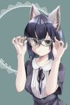  1girl adjusting_eyewear alternate_costume alternate_eye_color animal_ears black_neckwear bow bowtie collar commentary_request common_raccoon_(kemono_friends) dress eyebrows_visible_through_hair grey_dress grey_hair highres kemono_friends multicolored_hair nanana_(nanana_iz) orange_eyes raccoon_ears raccoon_girl short_hair short_sleeves solo white_collar 