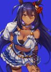  1girl animal_ears black_hair blue_background blush breasts choker cleavage collarbone commentary_request dark-skinned_female dark_skin hair_between_eyes hand_on_hip hand_on_own_thigh highres hishi_amazon_(umamusume) horse_ears horse_girl horse_tail large_breasts leg_garter long_hair looking_at_viewer midriff navel o-ring orange_eyes revision simple_background solo suneru sweat tail umamusume very_long_hair white_choker 