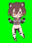  1girl :d animal_ears belt blade_(galaxist) brown_belt brown_eyes brown_hair cat_ears chest_belt chibi cropped_sweater full_body glasses green_background hands_up highres hololive looking_at_viewer open_mouth paw_boots revealing_clothes roboco-san smile solo 