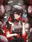  1girl absurdres antenna_hair bangs bare_shoulders blood blue_butterfly breasts broseele bug butterfly cleavage flower gloves hair_between_eyes hair_ornament highres honkai_(series) honkai_impact_3rd insect long_hair pink_flower red_eyes red_gloves red_hair seele_(alter_ego) seele_vollerei seele_vollerei_(starchasm_nyx) sideboob smile solo 