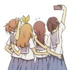  1kudamo1 4girls arm_around_waist arm_up black_hair blonde_hair blue_sailor_collar blue_skirt brown_hair from_behind hair_ribbon hand_on_another&#039;s_shoulder hibike!_euphonium holding holding_phone kasaki_nozomi kitauji_high_school_uniform liz_to_aoi_tori long_hair looking_away multiple_girls nakagawa_natsuki outstretched_arm phone pleated_skirt ponytail ribbon sailor_collar school_uniform selfie serafuku shirt short_sleeves simple_background skirt standing v white_background white_shirt yellow_ribbon yoroizuka_mizore yoshikawa_yuuko 