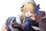  1girl :d ascot bandage_on_face bandages beret blonde_hair blue_bow blue_eyes blue_neckwear blush bow coat commentary dano girls&#039;_frontline girls&#039;_frontline_2:_exilium hair_bow hat headset heart long_hair long_sleeves looking_at_viewer off_shoulder one_eye_closed open_mouth pleated_skirt sidelocks skirt smile solo sweatdrop sweater_vest tearing_up v vepley_(girls&#039;_frontline_2) white_background white_headwear 