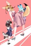  2girls alternate_costume animal_ears bare_shoulders blonde_hair blue_shirt blue_skirt brown_footwear brown_hair casual child commentary_request common_raccoon_(kemono_friends) dress dress_tug extra_ears eyebrows_visible_through_hair fennec_(kemono_friends) fox_ears fox_girl fox_tail high_heels highres kemono_friends loafers lucky_beast_(kemono_friends) multiple_girls nanana_(nanana_iz) pink_dress pleated_skirt raccoon_ears raccoon_girl raccoon_tail sailor_collar school_uniform shirt shoes short_hair short_sleeves skirt sleeveless socks spaghetti_strap tail white_legwear younger 