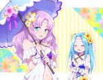  2girls aqua_hair blush breasts cleavage closed_eyes fiora_(fire_emblem) fire_emblem fire_emblem:_the_blazing_blade fire_emblem_heroes florina_(fire_emblem) flower hair_flower hair_ornament hiyori_(rindou66) holding holding_umbrella long_hair multiple_girls navel open_mouth purple_hair siblings sisters swimsuit twitter_username umbrella upper_body 