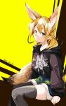  1girl alternate_costume animal_ears black_hoodie black_legwear blonde_hair casual commentary_request denim denim_shorts drawstring extra_ears fennec_(kemono_friends) fox_ears fox_girl fox_tail highres hood hood_down hoodie kemono_friends long_sleeves looking_at_viewer lucky_beast_(kemono_friends) multicolored_hair nanana_(nanana_iz) short_hair shorts sitting solo tail thighhighs white_hair yellow_eyes zettai_ryouiki 