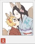  1boy 1girl animal_ears black_hair blonde_hair closed_eyes forehead_kiss fox_ears fox_tail hair_ornament highres japanese_clothes kimetsu_no_yaiba kimono kiss multicolored_hair obi papajay_(jennygin2) red_eyes red_hair rengoku_kyoujurou rengoku_ruka sash sidelocks tail thick_eyebrows younger 