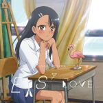  1girl album_cover asymmetrical_bangs bangs bird black_hair cd_(source) classroom collared_shirt cover dark-skinned_female dark_skin desk ear_clip elbows_on_table flamingo forehead hair_ornament hairclip head_rest highres ijiranaide_nagatoro-san looking_at_viewer nagatoro_hayase official_art pleated_skirt school school_uniform shirt sitting skirt solo torrent_source white_shirt window 