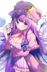  1girl :/ absurdly_long_hair arm_under_breasts blurry blush breasts capelet cleavage cowboy_shot crescent crescent_hat_ornament depth_of_field dress duplicate eyewear_removed floating_hair floral_print from_above hat hat_ornament highres kiramarukou large_breasts long_hair mob_cap patchouli_knowledge purple_dress purple_eyes purple_hair signature simple_background solo striped striped_dress touhou very_long_hair white_background 