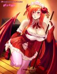  absurdres apron breasts broom cleavage corset demon_girl demon_horns demon_tail demon_wings detached_sleeves dress eyes_visible_through_hair fingerless_gloves gloves highres horns leg_up long_hair looking_at_viewer maid maid_headdress orange_hair original red_eyes ribbon shoes tail vilde_loh_hocen wings 