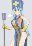  &gt;:) 1girl aqua_(konosuba) bangs bare_shoulders blue_eyes blue_hair blue_headwear blush breasts closed_mouth commentary_request cosplay cowboy_shot dragon_quest dragon_quest_iii eyebrows_visible_through_hair gloves grey_background hand_on_hip hat holding holding_staff kono_subarashii_sekai_ni_shukufuku_wo! long_hair looking_at_viewer mitre naked_tabard priest_(dq3) priest_(dq3)_(cosplay) salpin sideboob sidelocks simple_background small_breasts smile smug solo staff straight_hair tabard v-shaped_eyebrows very_long_hair yellow_gloves 