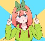  1girl bangs blue_eyes blush breasts collarbone commentary_request drawstring eyebrows_behind_hair go-toubun_no_hanayome green_hoodie green_ribbon hair_between_eyes hair_ribbon hands_up hood hood_down hoodie kujou_karasuma long_sleeves looking_at_viewer medium_breasts nakano_yotsuba orange_hair parted_lips ribbon signature sleeves_past_wrists solo sunburst sunburst_background upper_body 